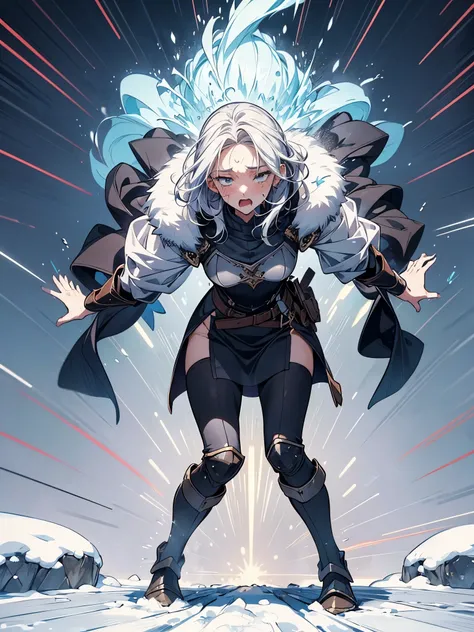 anime - style illustration of a woman in heavy armor, fantasy RPG video game character, official character art, full body, female action anime girl, standing Posing:1.5, (gleaming skin, oily skin, shiny skin, sweat:1.0), in snowy winter, (Trembling With Se...