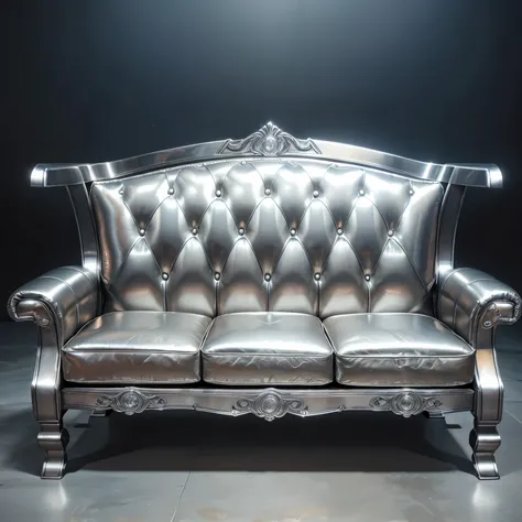  UHD, sofa made of metal, full-metal couch, iron couch, fantasy design of a sofa made of iron, metal texture, steel, front view, metallic seat, metal legs, everything is metal , fatnasy art, dust overlay, iron texture, metal cover