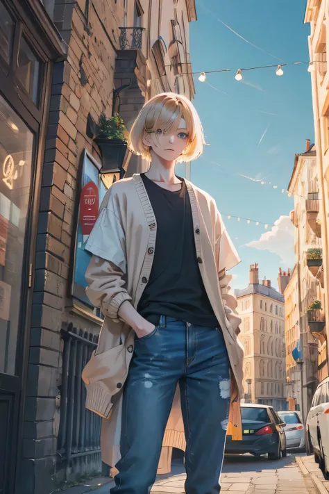 Europe, 21st century. The guy is thin and tall. Short blond hair. He was wearing a light peach cardigan, over a light blue T-shirt, and gray jeans. Her eyes are light blue, like the sky.