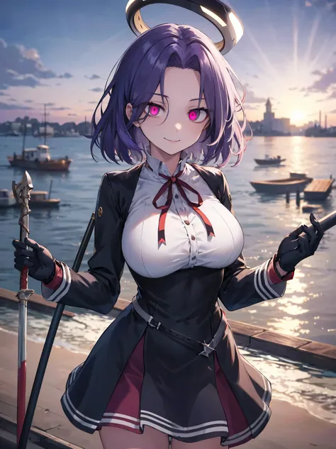 masterpiece, best quality, highres, mechanical halo, (big_breasts:1.2), black dress, neck ribbon, long sleeves, black gloves, outdoors, cowboy shot, standing, holding weapon, polearm,smile,,harbor_town_landscape,purple_halfeyes,(scornful eyes:1.4)