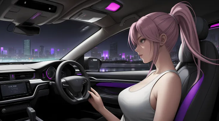 "An anime-style a woman with long purple hair and pink highlights tied in a ponytail, sitting in the drivers seat of a car. The angle is from the front passenger seat, capturing her side profile with a clear view of her face, softly illuminated by the glow...