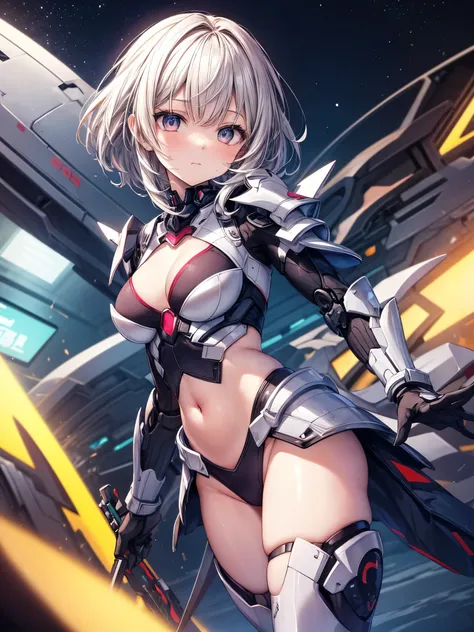 masterpiece, best quality, integrated scenery, integrated background, extremely delicate and beautiful, meticulous details, good composition, , cute face, perfect face, perfect hands,  1 young_teen_girl ,Red Crossbone_chest_armor, mechanical wing, Space Ba...