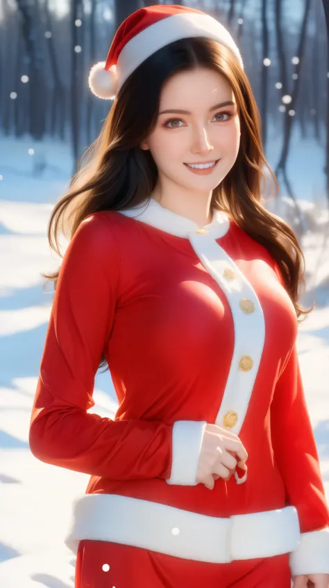 (Aesthetic, High Resolution: 1.2), beautiful 20 year old woman wearing an intricately detailed red boby Santa Claus costume, symmetrical costume structure, bright eyes, cheerful smile , hairstyle changes, snow is falling, snow in hair. Professional photogr...