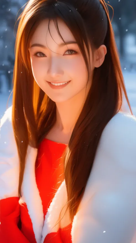 (Aesthetic, High Resolution: 1.2), beautiful 20 year old woman wearing an intricately detailed red boby Santa Claus costume, symmetrical costume structure, bright eyes, cheerful smile , hairstyle changes, snow is falling, snow in hair. Professional photogr...