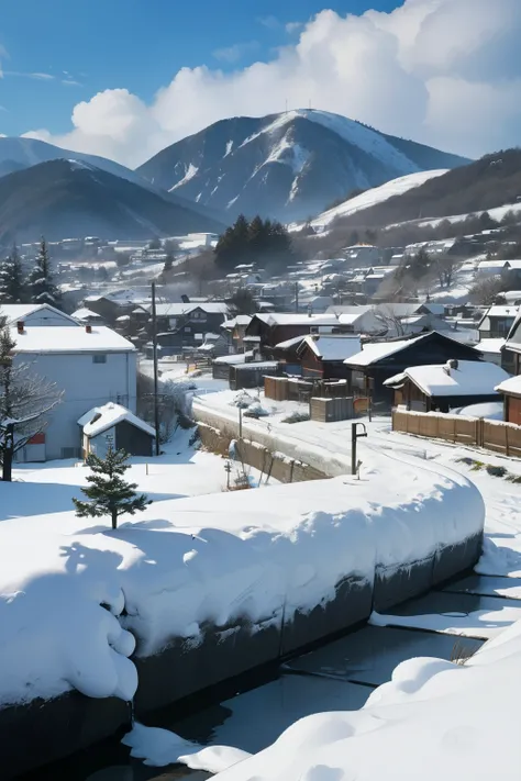 ((masterpiece)), 8K resolution, cinematic lighting,Semi-realistic),"A small mural village in a coastal town in South Korea on a clear winter day. The village is covered in snow, with thick layers of snow on the ground, rooftops, and streets. The walls of t...