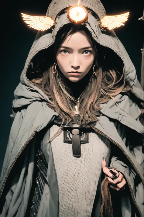 Luce, the young exorcist, stands firm in a dim urban alley, cloaked in her distinctive yellow raincoat with the hood up, creating a protective aura around her. Her coat, slightly weathered from past encounters, contrasts sharply against the gritty darkness...