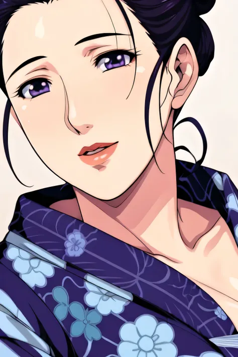 Simple Background,White Background,
purple kimono,floral print,japanese clothes,wide sleeves,long sleeves,
cleavage,
purple eyes, black hair,bangs,hair bun,
1 girl,Young female,Beautiful long legs,Beautiful body,
Beautiful Nose,Beautiful character design,...
