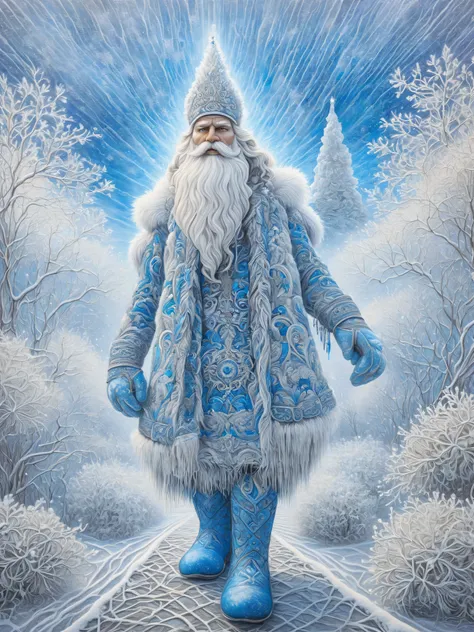 modern art, avant-garde, surrealism, the combination of the incongruous, a snow tree blooming with icy flowers bizarrely intertwines its snow and ice branches and forms ((A Slavic Russian elder, a winter deity similar to Santa Claus)). ((Santa Claus is wea...