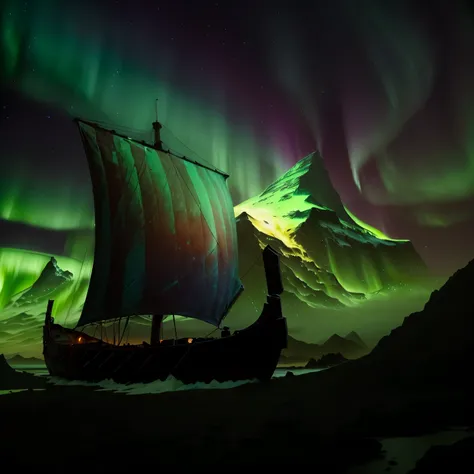 Step 1

I want to create Viking boat concept art in a northern climate. Add Viking shields along the side of the boat. Place the boat in an ice-cold, freezing sea environment.
Create a large, dark wooden sailing vessel, characteristic of Viking longships.
...