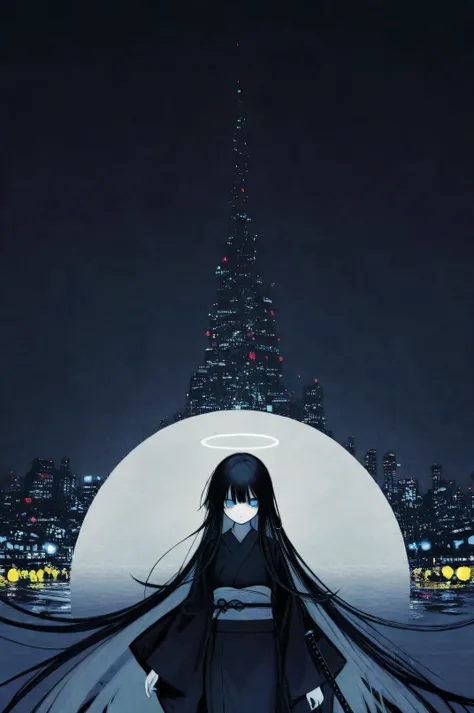 very beautiful girl , very extremely large upturned wide light blue upturned eyes, very cute baby round oval angelic face, white skin, very beautiful,dark black long hair, silk kimono city night lights, holding katana