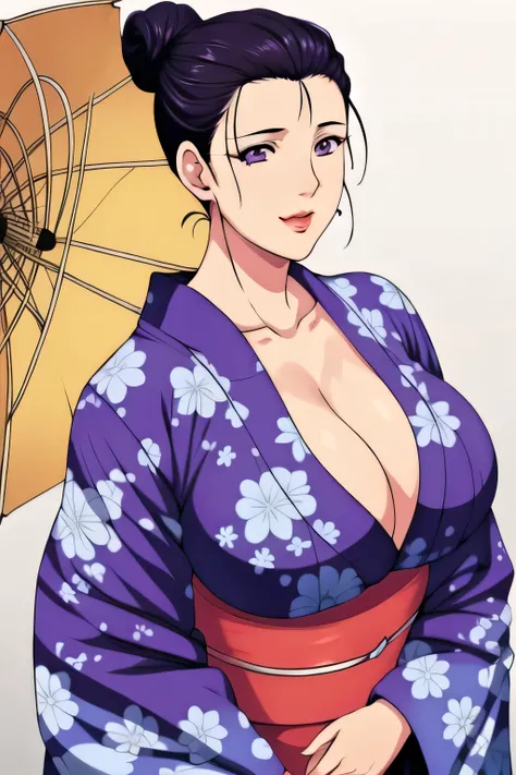 Simple Background,White Background,
purple kimono,floral print,japanese clothes,wide sleeves,long sleeves,
cleavage, 
purple eyes, black hair,bangs,hair bun,
1 girl,Young female,Beautiful long legs,Beautiful body,
Beautiful Nose,Beautiful character design,...