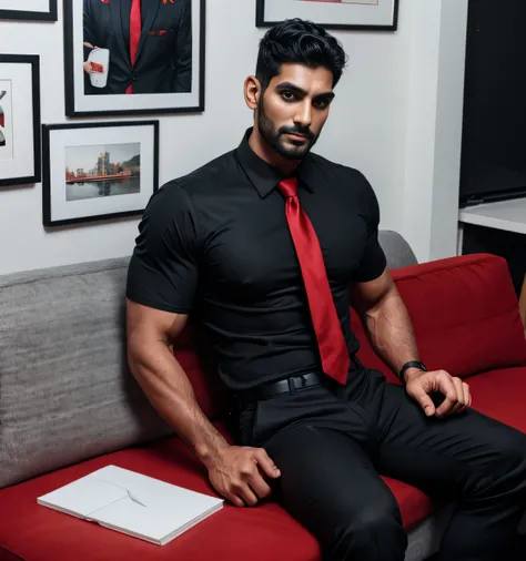 30 year old handsome , One Man,、  muscular、 Angad bedi  。  black shirt , red tie、  black slim pants 、Short Hair　、office、 sits on the sofa、  black shirt、 red tie、  black slim pants 、  upper body lift with an emphasis on facial expression　Angad bedi  　front　