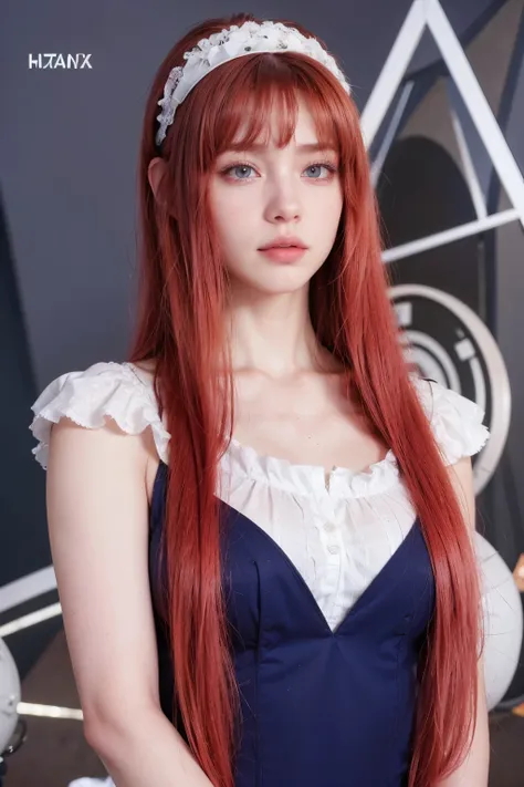 a woman with long red hair wearing a blue dress, ample chest, gynoid body, gynoid cyborg body, angelphilia body, anatomically correct, girl figure, photorealistic, hd quality, highly realistic and photorealistic, 8K resolution, high-definition quality, gor...