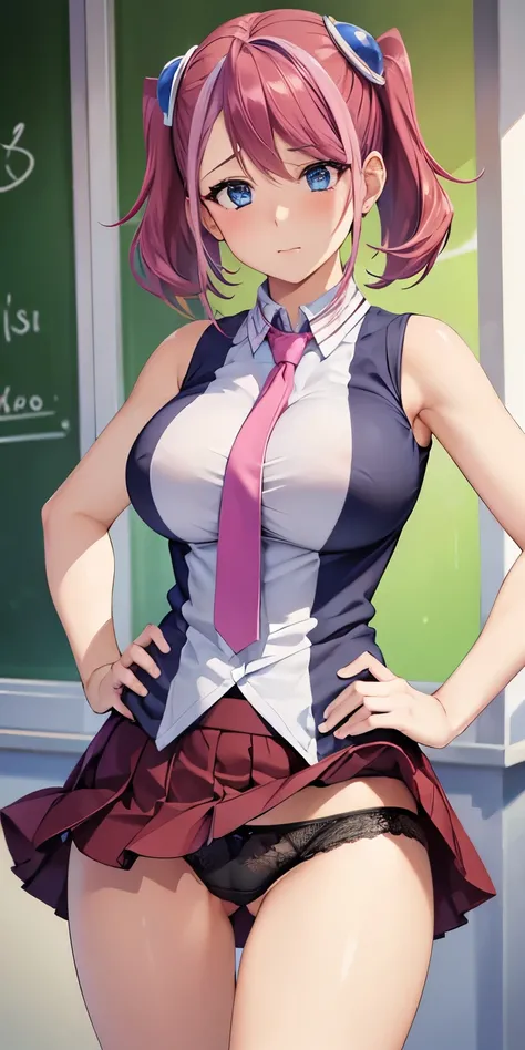 1 Female,High definition,high resolution,Ultra-realistic,8K, hy1, hair ornament, multicolored hair, blue eyes,necktie,pink skirt,tight skirt, miniskirt ,sleeveless, jewelry, large breasts, school uniform,European,sexy,Upper body close-up,Photographed from ...