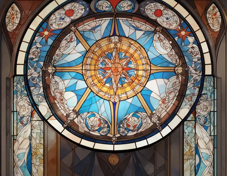 a close up of a  stained glass  window with a clock in it,  Art Nouveau style cosmic animation , maxim verehin  stained glass , intricate  stained glass ,  stained glass  art,  stained glass  tarot style,  stained glass  style,  stained glass  futuristic c...