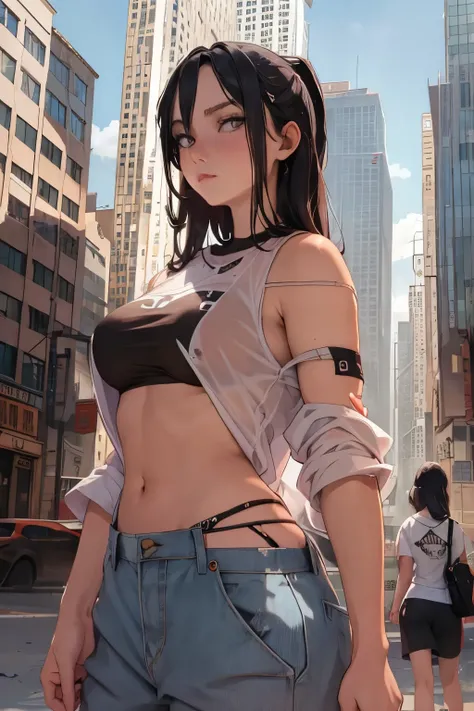 Girl. Teen. Abandoned city. Ripped clothes. Two girls. Trasluscent shirts. Huge buildings.