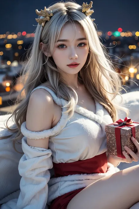 winter, a snowy night sky, a flying sleigh, a girl dressed as Santa Claus riding in a Christmas sleigh, two reindeer pulling the sleigh, lots of gift boxes, flying over the urban area, Tokyo, gorgeous cityscape, city shines with christmas decorations, fidg...