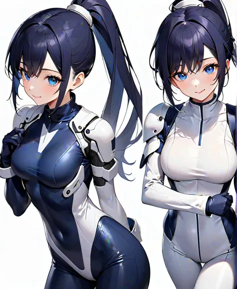 (​masterpiece、 top quality 、 highest resolution、Clear image、 detailed images、 The angle is from above ): ( A Japanese woman 、 high knot ponytail、 Dark Blue Hair 、Sparkling Blue Eyes、( white and navy blue pilot suit with enamel finish、 white and dark blue f...