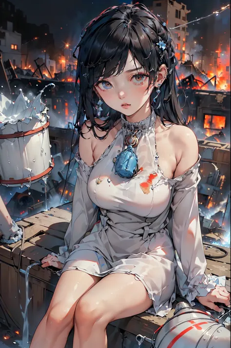 ((A  sitting in the street feeling cold crying, teary hinged eyes, sadness cute face 🥺 )), the background of ((a burnt flat ruined and an ambulance, p((olice people turning to extinguish the fire with water buckets, night, police lights, smoke outside the ...