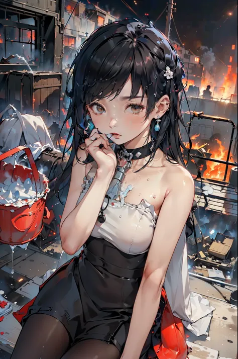 ((A  sitting in the street feeling cold crying, teary hinged eyes, sadness cute face 🥺 )), the background of ((a burnt flat ruined and an ambulance, p((olice people turning to extinguish the fire with water buckets, night, police lights, smoke outside the ...