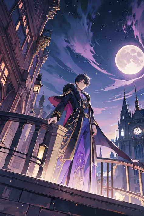 Book cover titled God of Fantasy. Male, around 16-19, main character wearing an amethyst pendant. Victorian era setting. Moon at the background. Also Victoria era buildings on the background. Main theme is fantasy and mystery. Main character wields the pow...