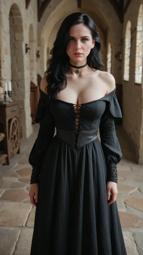 Yennefer, Intimate, busty, long hair, wearing Black off shoulder medieval luxury dress, standing, facing pov, at Kaer Morhan