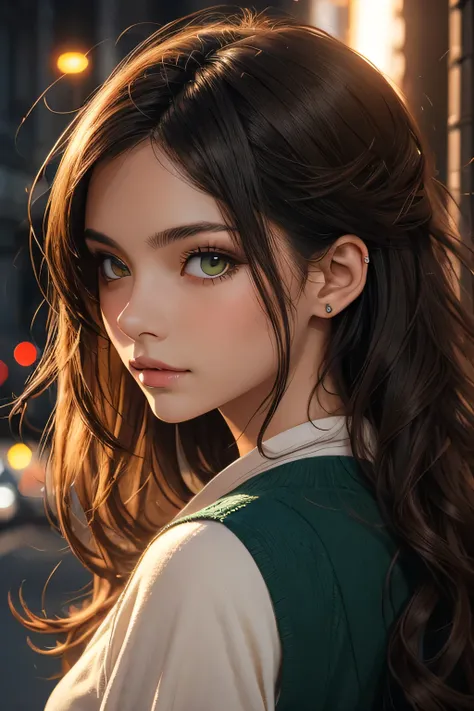 a portrait of a beautiful woman, long brown curly hair, dark green eyes, brown skin, city background, soft lighting, very detailed, vibrant colors, in Ayami Kojima style anime