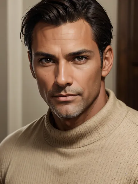 (best quality), 1boy, Male, mature male, 46 years old, tanned skin, dark brown hair, short hair, hair slicked back, strands over eye, slightly wavy hair, brown eyes, perfect eyes, muscular, handsome, high cheekbones, strong jawline, wool sweater, dark slac...