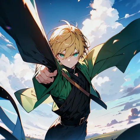  guy, brave, brave,  blond short hair in his hands,  green eyes , white haori, black gi ,  full length ,  against the sky and clouds 