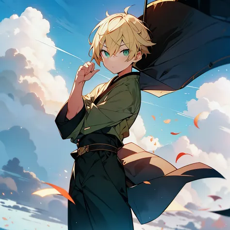  guy, brave, brave,  blond short hair in his hands,  green eyes , white haori, black gi ,  full length ,  against the sky and clouds 