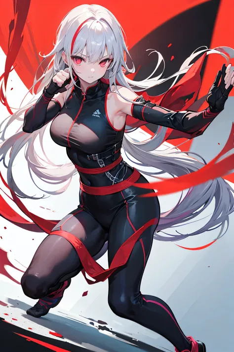 1girl, Breasts, Red Eyes, very long ash hair, Speed Lines, monks clothes, Hand-to-hand combat, forest, full body, toned body, fighting stance, Anatomically Correct, martial artist, gorgeous perfect face, Multicolored Eyes