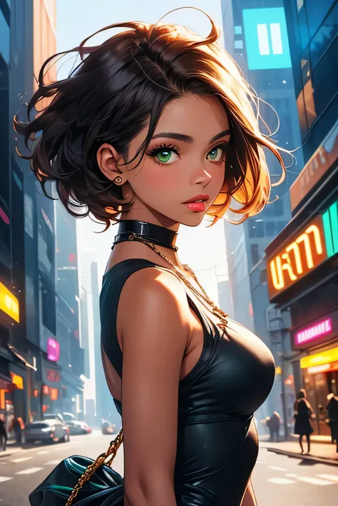 a beautiful woman, standing outside a city, short white curly hair, dark green eyes, brown skin, cyberpunk themed, latina, soft lighting, very detailed, vibrant colors