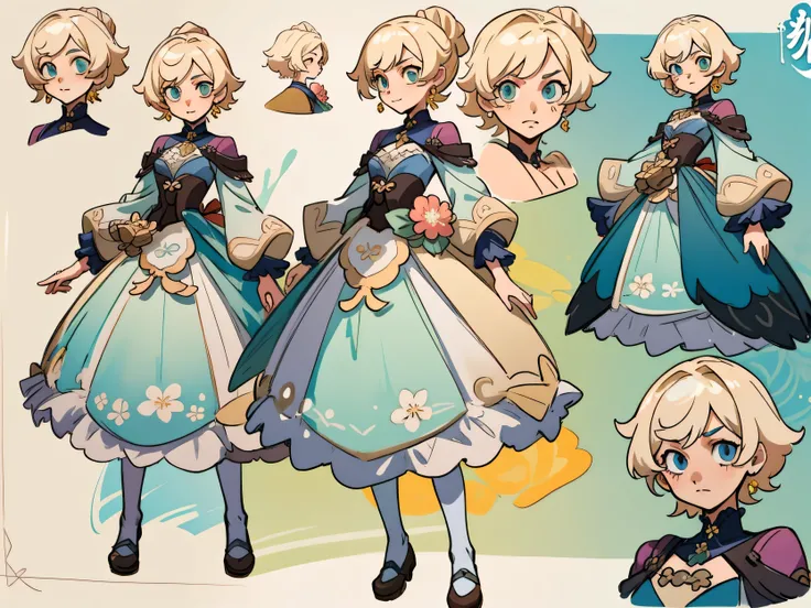 girl with light blonde hair，Wear a flower based fancy dress，british girl design，Genshin level detailed art，Anime character design，anime concept art anime character reference sheet，with 6 face emotions on the top right side, 1 pose in the left side, 4 side ...