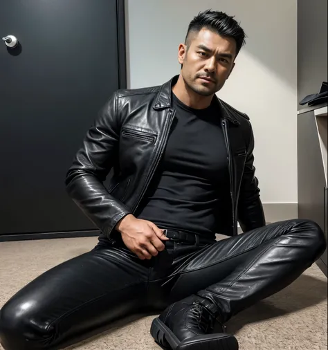 35 year old handsome, One Man,、  muscular、 Kosaka Ikuo。 Leather jacket、 black shirt 、 black leather slim pants 、 black hair、Short Hair　、office、 open legs、 sit on the ground、 Leather jacket、 black shirt、 black leather slim pants 、  upper body lift with an e...