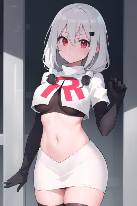 masterpiece, best quality, highres, 1girl, virtual youtuber, bangs, breasts, eyebrows visible through hair, hair between eyes, hair ornament, hair ribbon, hairclip, looking at viewer, red eyes, solo, bangs between eyes, grey hair, gray hair, white hair, me...