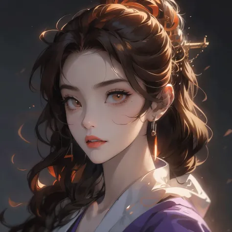 Create an intense, evocative portrait in the Japanese retro anime style of the 80s and 90s. The scene features a purple lady with sharp teeth and brown hood. Thebrown and orange and black palette intensifies the mood, evoking a sense of mystery and allure....