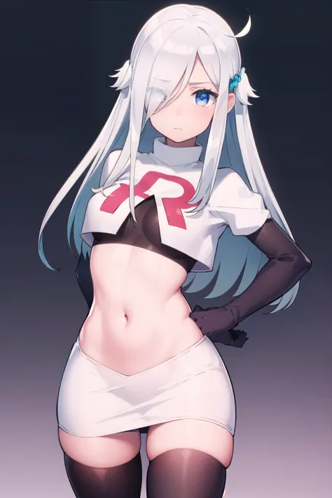 nayutakani, nayuta kani, long hair, blue eyes, white hair, hair ornament, ahoge, scrunchie, hair scrunchie, blue scrunchie, blush,
BREAK team rocket,team rocket uniform,white skirt,red letter R,crop top,black thigh-highs,black elbow gloves,
BREAK looking a...