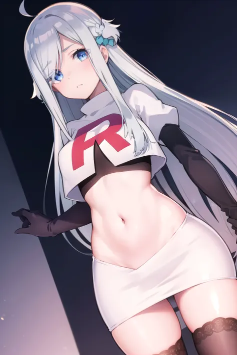 nayutakani, nayuta kani, long hair, blue eyes, white hair, hair ornament, ahoge, scrunchie, hair scrunchie, blue scrunchie, blush,
BREAK team rocket,team rocket uniform,white skirt,red letter R,crop top,black thigh-highs,black elbow gloves,
BREAK looking a...