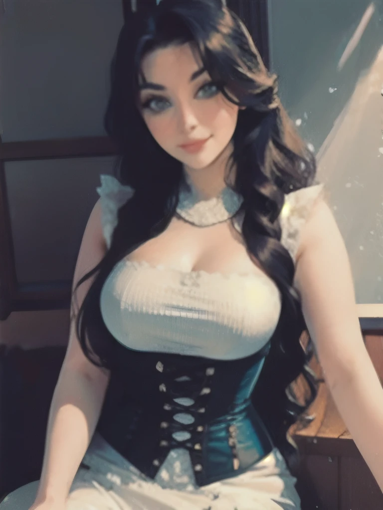 a lady with long hair wearing a corset,