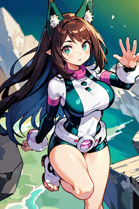 thick outlines, comics, photorealistic ,  masterpiece:1.2, , 1 girl, Alone,  big breasts, , ochako,  brown hair with turquoise hair tips, body,  belt, sky, levitating rocks ,  detailed background,  detailed face ,  detailed turquoise eyes ,   long hair a l...