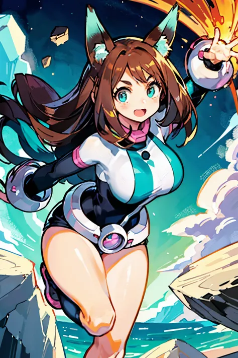 thick outlines, comics, photorealistic ,  masterpiece:1.2, , 1 girl, Alone,  big breasts, , ochako,  brown hair with turquoise hair tips, body,  belt, sky, levitating rocks ,  detailed background,  detailed face ,  detailed turquoise eyes ,   long hair a l...