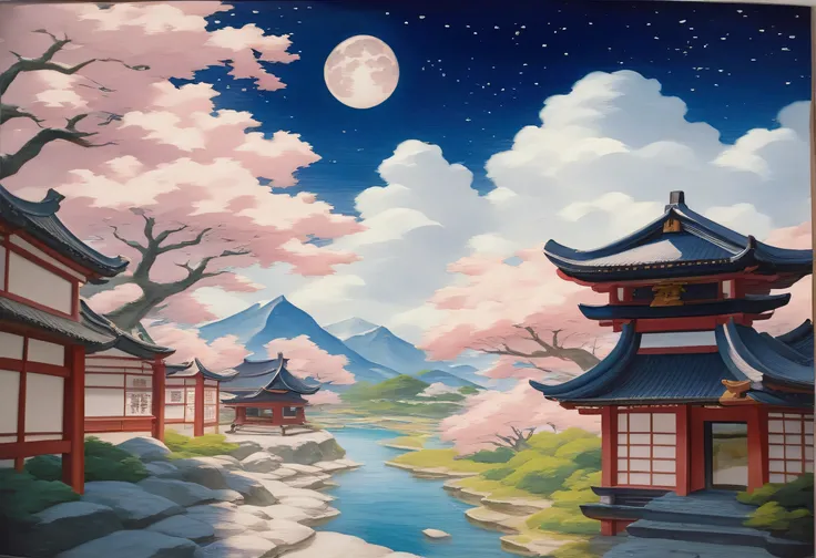 Japanese house painting under full moon, Japanese art style, Japanese art, traditional Japanese art, traditional Japanese painting, old Japanese art, Japan at Night, Japanese art art,  Japanese Scenery, Japanese painting,  landscape painting,  Animated Bac...