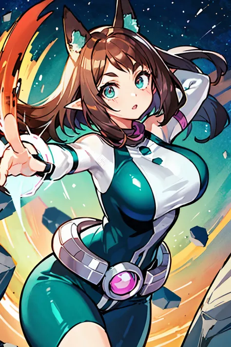 thick outlines, comics, photorealistic ,  masterpiece:1.2, , 1 girl, Alone,  big breasts, , ochako,  brown hair with turquoise hair tips, body,  belt, sky, levitating rocks ,  detailed background,  detailed face ,  detailed turquoise eyes ,   long hair a l...