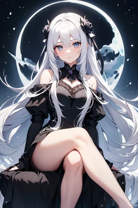 Make a woman with long white hair like snow and gray eyes and beautiful . Her dress is a black dress with silver details and
In her hair there is a gray rose . She is the goddess of the moon and is sitting on a chair above a black forest illuminated by ...