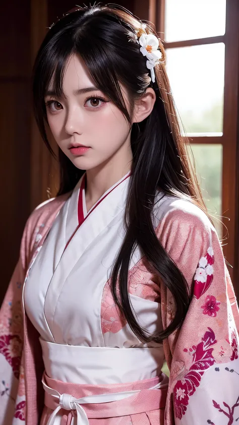 beautiful, masterpiece, top quality , Extremely Detailed Faces, perfect lighting, One girl , Alone, matoi ryuuko , Japanese clothing, kimono, short kimono, cowboy shot