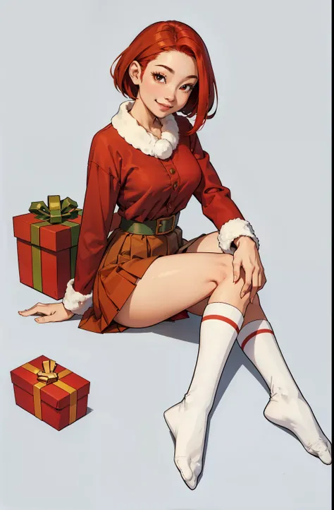 Asian, smiles, light skin, makeup, redhead, Christmas outfit, sitting on the floor, gifts in hands, short skirt, long socks,
, no shading, lineart, simple light, full body, modelsheet
