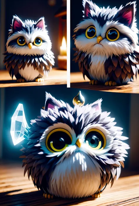 fantasy animal a cute and mystical being that mixes cat and owl. owl head and cat body in 3D