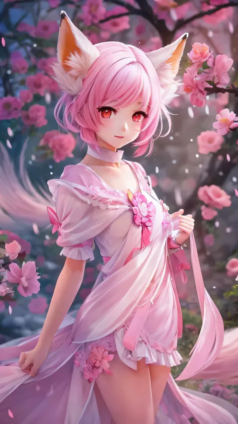 Nine Snow White Fox Tails (1.0), Milky Fox Tail (1.0), Nine-tailed fox close-up, Nine Tail, Nine Tail, Anime girl with pink hair and pink dress with flower decoration, very Beautiful anime fox girl, Beautiful anime fox girl,  BEAUTIFUL FANTASY ANIMATION , ...