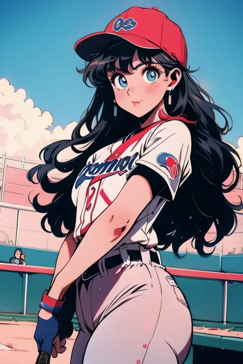 a beautiful woman in a red, white and blue baseball uniform, thick thighs, long pink curly hair, blue eyes, posing, holding a baseball bat, baseball field in the background, latina, soft lighting, very detailed, vibrant colors