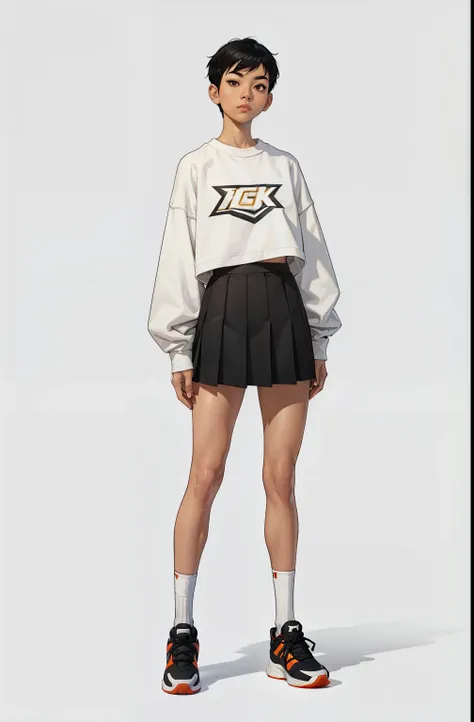 Asian, thin, short stature, light skin, makeup, black hair, off white oversized sweatshirt, short skirt, long socks, basketball shoes
, no shading, lineart, simple light, full body, 
